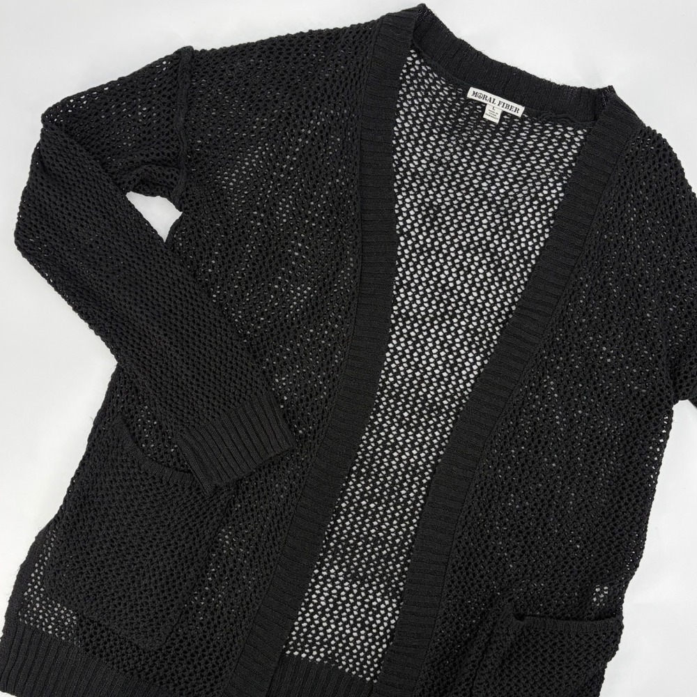 Moral Fiber Open Knit Cardigan Womens Large Black Mesh Long Sleeve Fishnet Cover